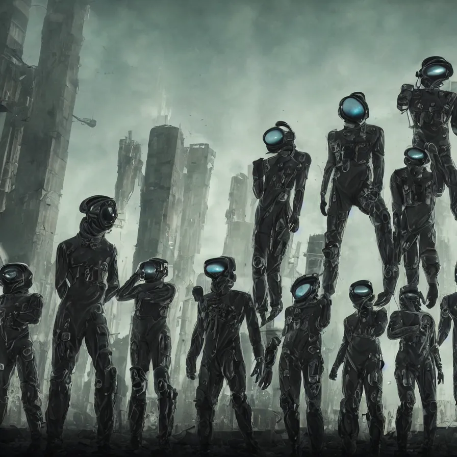 Image similar to 8 k hyperrealistic cinematic shot starset band in sci fi uniforms, standing in the streets, in an apocalyptic ruined distopian future city in an epic cinematic shot, with red haze, performing a music video, hyper detailed faces, stunning realism, brutalist buildings tower over