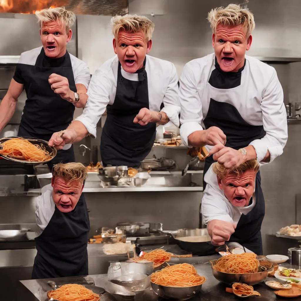 Image similar to gordon ramsay throwing spaghetti and yelling at eminem, cooking show, very detailed, realistic, 4 k, professional photography