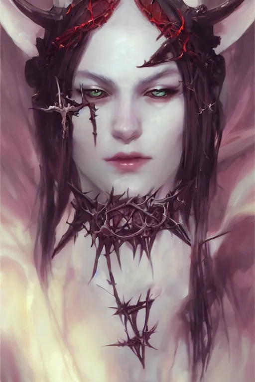 Prompt: Portrait of beautiful pale succubus anime maiden with crown of thorns, and devil's horns, digital art by Ruan Jia and Mandy Jurgens and Artgerm, highly detailed, trending on artstation, award winning,