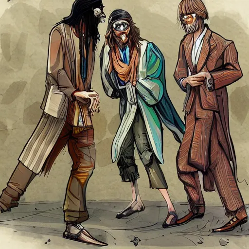 Image similar to hippie wearing robes, a fight between a boho cyberpunk hippie and a high - tech suit businessman, epic sketch art, cinematic mid shot fight, detailed