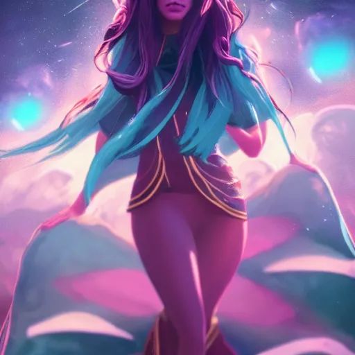 Prompt: a beautiful tarot card of sona with teal colored hair with deep red highlights, female, league of legends, space fantasy, in the style of magic the gathering, volumetric lighting, octane render, cosmic, god rays, intricate detail, cinematic, 8 k, cel shaded, unreal engine, concept art, matte, sharp focus, illustration, art by greg rutkowski and alphonse mucha