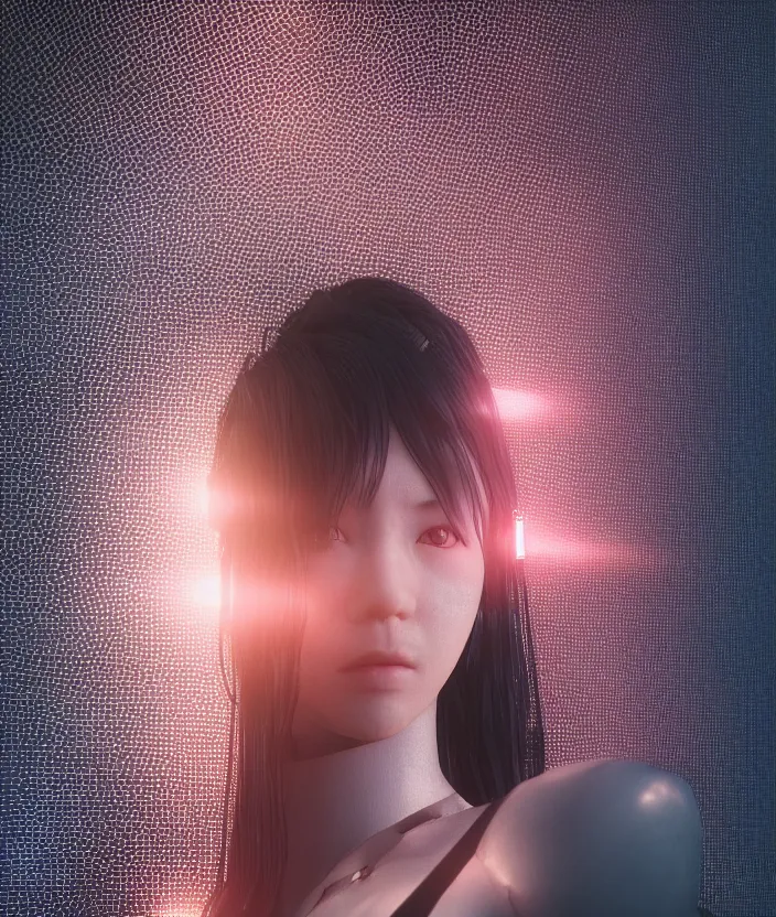 Prompt: japanese model cyborg with digital led panel skin, neon lighting, techno neon projector background, akihiko yoshida style, portrait photo, intricate details, ultra realistic, unreal engine 5, depth of field, bokeh, octane render