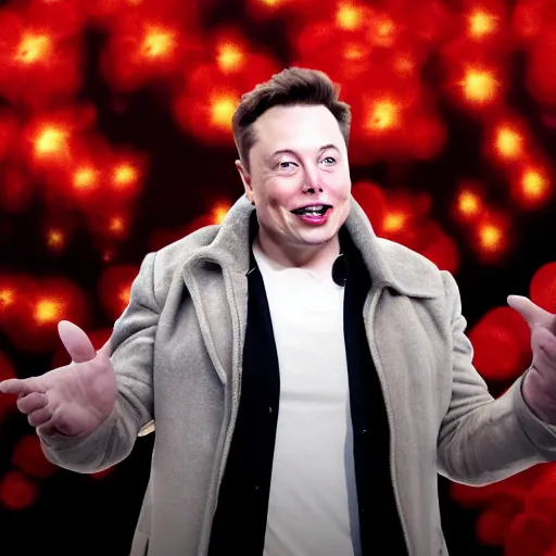 Image similar to elon musk singing with a microphone on americas got talent, tomatoes and anchors being thrown at him, 4 k photograph