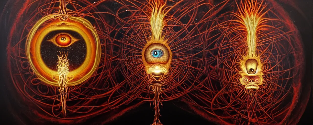 Image similar to a strange fire creature with endearing eyes radiates a unique canto'as above so below'while being ignited by the spirit of haeckel and robert fludd, breakthrough is iminent, glory be to the magic within, in honor of saturn, dark detailed oil painting by ronny khalil