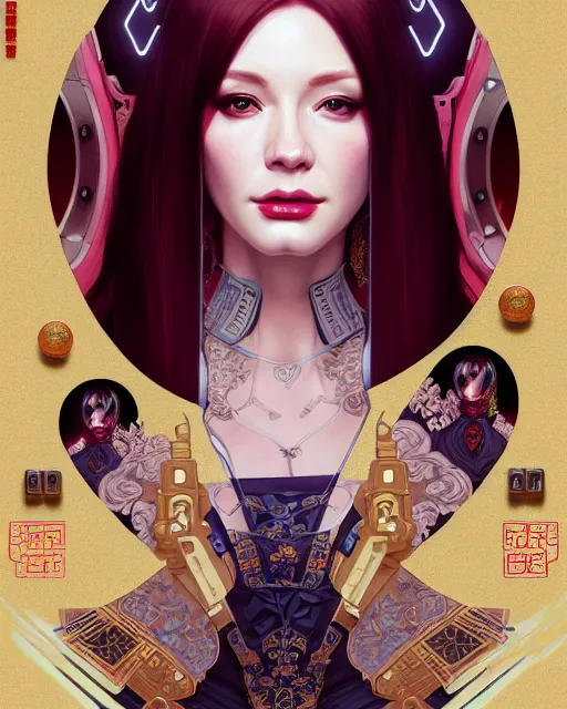 Image similar to portrait of christina hendricks cyberpunk machine, machine face, robed, upper half portrait, decorated with chinese opera motifs, regal, fine china, wuxia, traditional chinese art intricate intense elegant 京 剧 highly detailed digital painting artstation concept art smooth sharp focus illustration, art by artgerm and greg rutkowski alphonse mucha 8 k