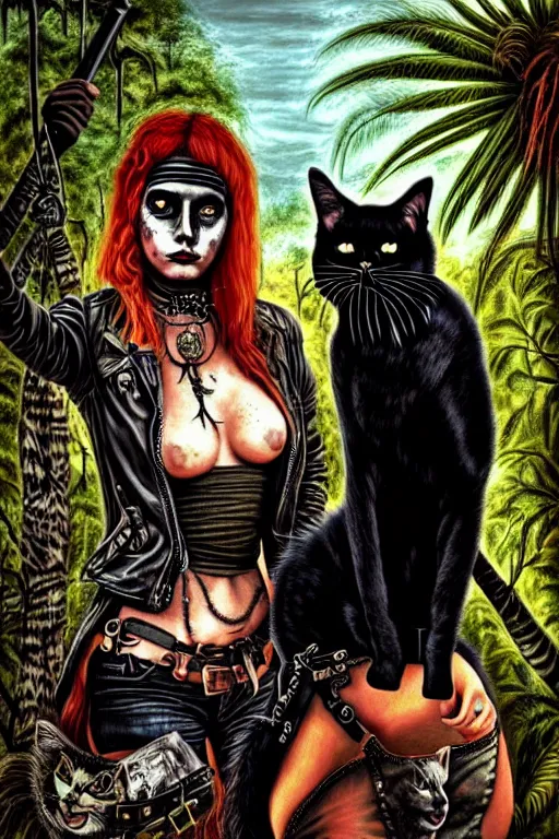 Image similar to punk rock girls making selfie with black cats in jungle , 1980 style, mad max jacket, post apocalyptic, renaissance, Gothic, highly detailed, digital painting, 4k, oil painting by Leonardo Da Vinci, hyper realistic style, fantasy by Olga Fedorova