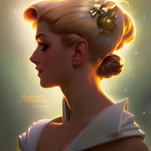 Prompt: head and shoulders Portrait of Sailor Moon, dark fantasy, medium shot, intricate, elegant, highly detailed, digital painting, volumetric light, artstation, concept art, smooth, sharp focus, illustration, art by Gil Elvgren and Greg Rutkowski and Alphonse Mucha