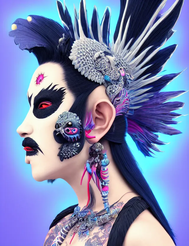 Image similar to 3 d goddess close - up profile portrait punk with mohawk with ram skull. beautiful intricately detailed japanese crow kitsune mask and clasical japanese kimono. betta fish, jellyfish phoenix, bio luminescent, plasma, ice, water, wind, creature, artwork by tooth wu and wlop and beeple and greg rutkowski