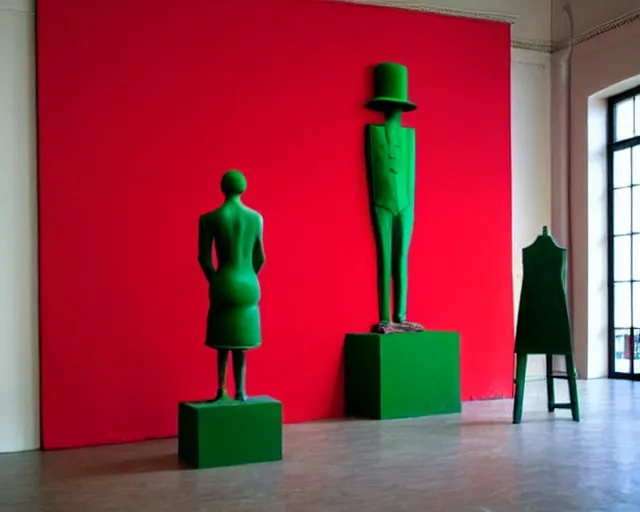 Prompt: city sized clay sculpture in a huge room. a green red and black painting by Magritte