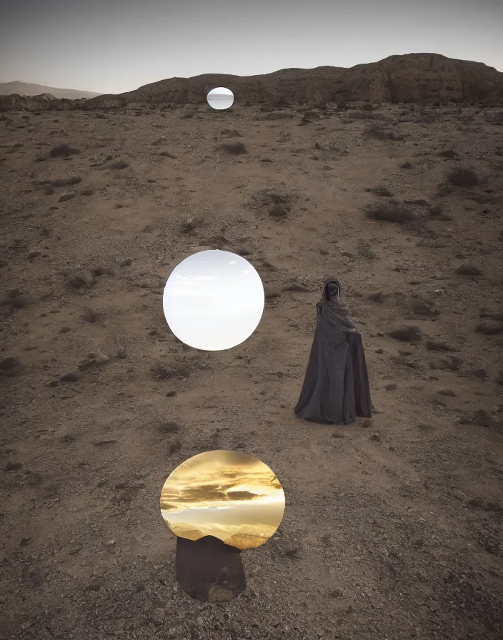 Image similar to levitating ghost silhouette with full - face golden mask in a dry rocky desert landscape, visible sky and sunny atmosphere, fata morgana and giant square mirrors by alejandro jodorowsky, anamorphic lens, kodakchrome, practical effects, masterpiece, 8 k