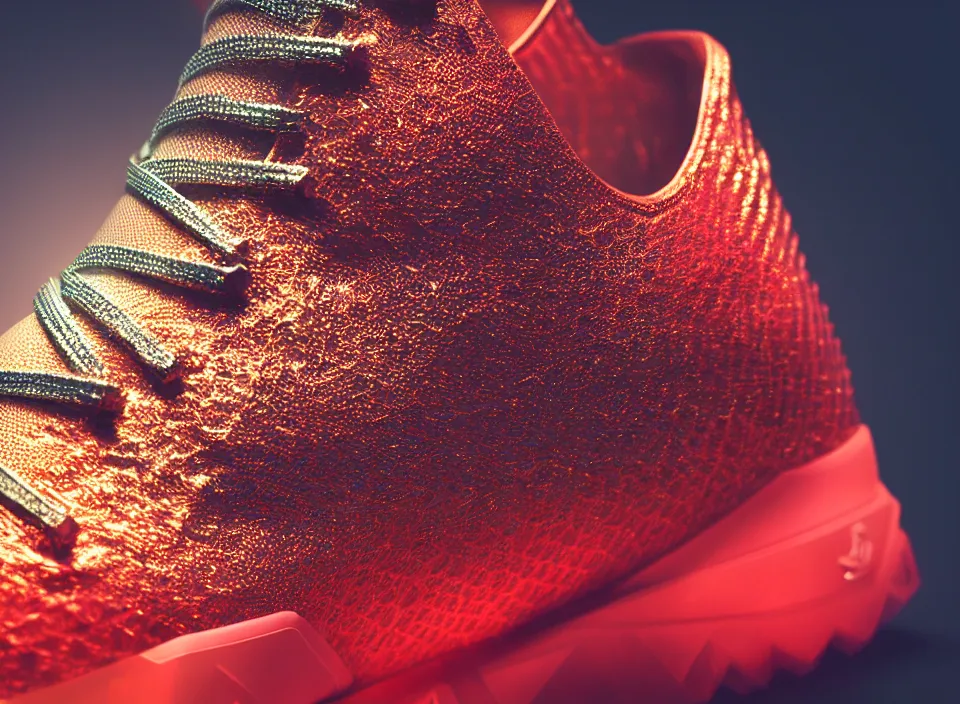 Image similar to realistic 3 d render of a futuristic sneaker, beautiful studio lighting, soft, sharp focus, neon cyberpunk highlights, intricate detail, gold and red fabric, soft rubber, textured plastic, hexagon mesh, filigree, octane render, side view, close up, trending on artstation, deviantart, nike, adidas, converse, reebok, salomon