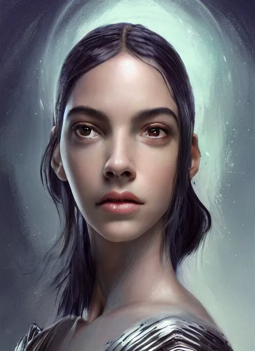 Image similar to a professional painting of a beautiful young female alien, clothed in ethereal armor, olive skin, long dark hair, beautiful bone structure, symmetrical facial features, intricate, elegant, digital painting, concept art, smooth, sharp focus, illustration, from Valerian and the City of a Thousand Planets, by Ruan Jia and Mandy Jurgens and Artgerm and William-Adolphe Bouguerea