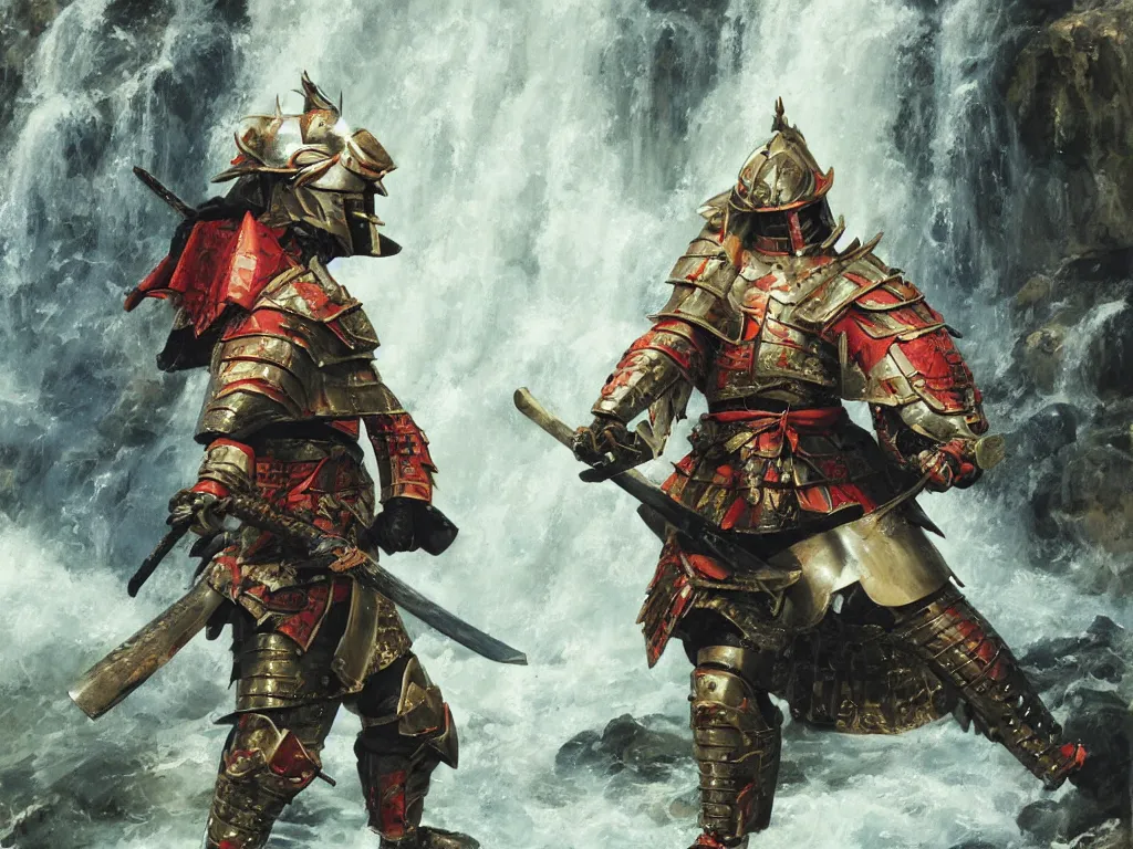 Image similar to close up of a samurai in full armor and helmet, training under a waterfall, by huang guangjian and gil elvgren, sachin teng, greg manchess