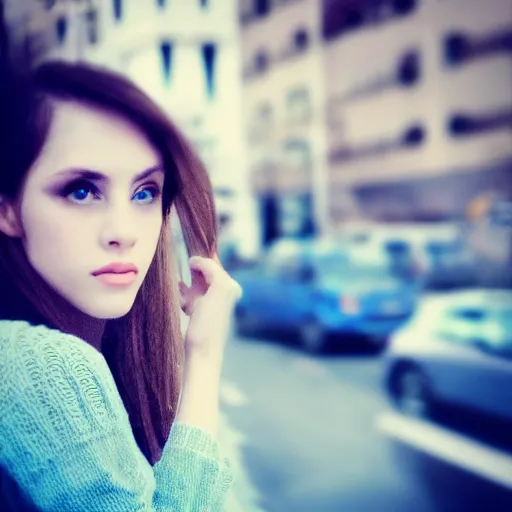 Image similar to “ fashion model long brown hair blue eyes looking into lens heavy bokeh modern fashion look ”