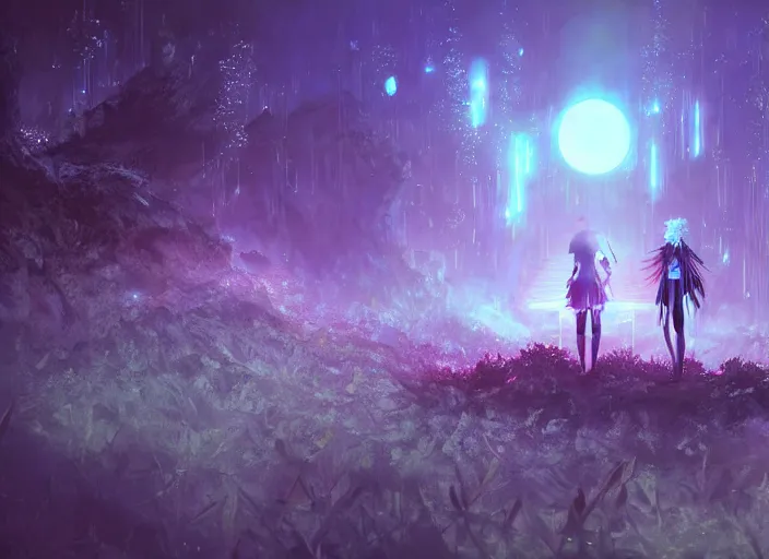 Image similar to scenery artwork, scene luminous, bioluminescent acrylic and cold nier automata pixiv scenery artwork : nature dream wire vegetation magic density infinite, macro seminal dream points of icy, frozen vaporwave shards tempted to turn into a dream scenery, high quality topical render, nier automata, concept art