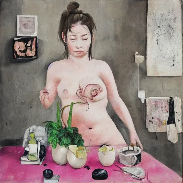 Image similar to “ a portrait in a female art student ’ s apartment, sensual, a pig theme, bathing, pork, art supplies, surgical iv bag, octopus, ikebana, herbs, a candle dripping white wax, japanese pottery, squashed berries, berry juice drips, acrylic and spray paint and oilstick on canvas, surrealism, neoexpressionism ”