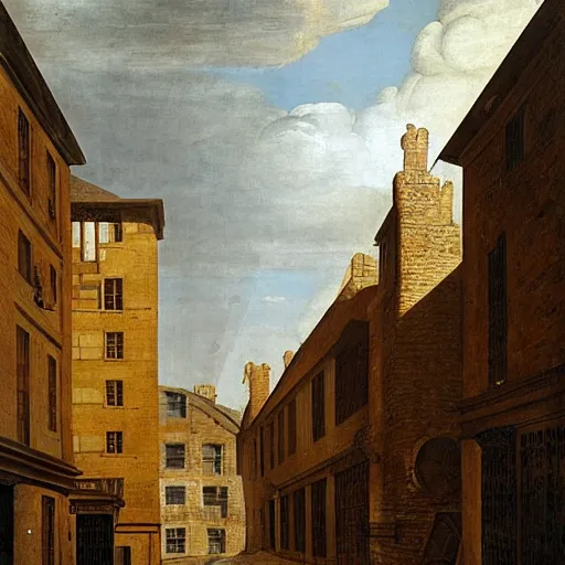 Prompt: the view down an alley, buildings in london by girolamo da catignola
