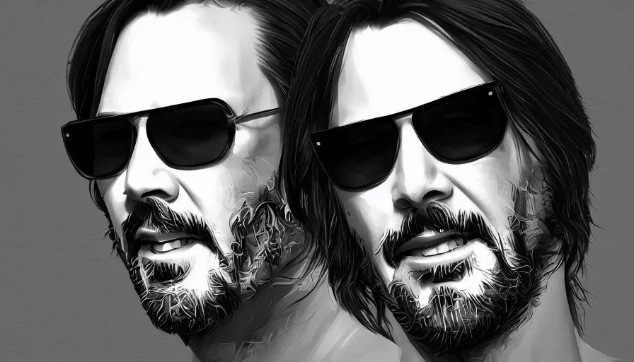 Prompt: Keanu Reeves with sunglasses smiling, hyperdetailed, artstation, cgsociety, 8k