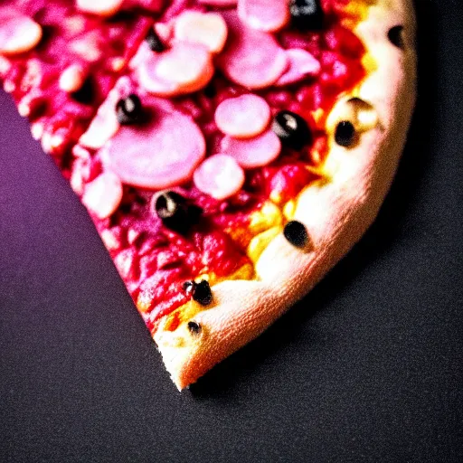 Image similar to a macro photo of a slice of pizza, hyper realistic, hyper detailed, 35mm, very grainy film, pink volumetric studio lighting, bokeh, black background award winning shot, vogue magazine, cinematic, 8k, very closeup, elegant, tender, pastel