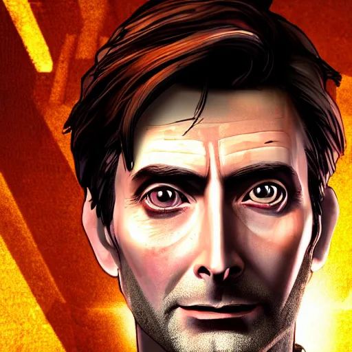 Image similar to david tennant portrait, borderlands, tales from the borderlands, the wolf among us, comic, cinematic lighting, studio quality, 8 k