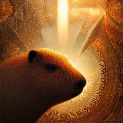 Image similar to capybara surrounded by sacred geometry made from elven architecture, gorgeous, powerful, cinematic, beautifully lit, by artgerm, by karol bak, 3 d, trending on artstation, octane render