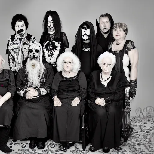 Prompt: an old age home for geriatric satan goths. photograph group portrait.