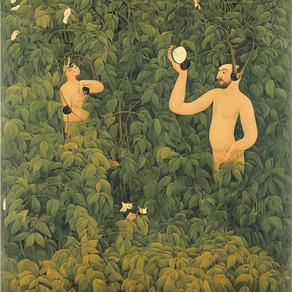 Image similar to i, a man wearing headphone and playing his iphone, by henri rousseau