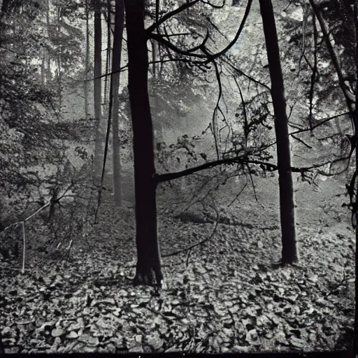 Image similar to A vintage photograph of a creepy and scary alien sight in the woods at night, macabre W- 768