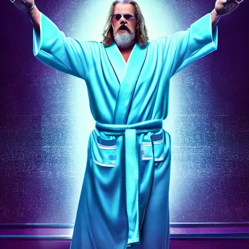 Image similar to dude lebowski dressed in bathrobe played by jeff bridges, stuck in tron realm, photorealistic movie still, detailed 8 k, poster style, high resolution