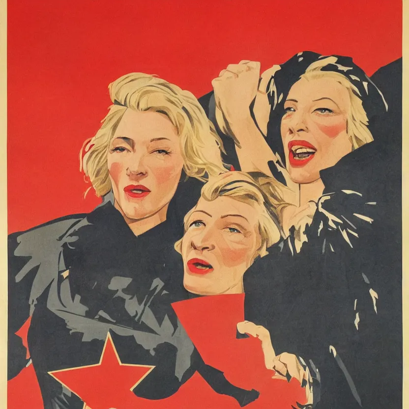 Image similar to soviet propaganda poster with cate blanchett calling on the world community to fight against Nazism, Ultra Detailed, high resolution, soviet realism