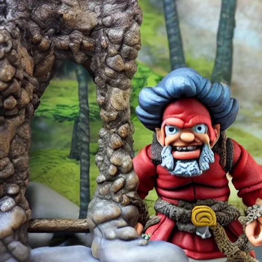 Image similar to high - res photograph of a claymation sculpture action figure warrior dwarf luffy, highly detailed sculpey diorama, forest setting, waterfall backdrop, smooth, sharp foccus, commercial product photography,