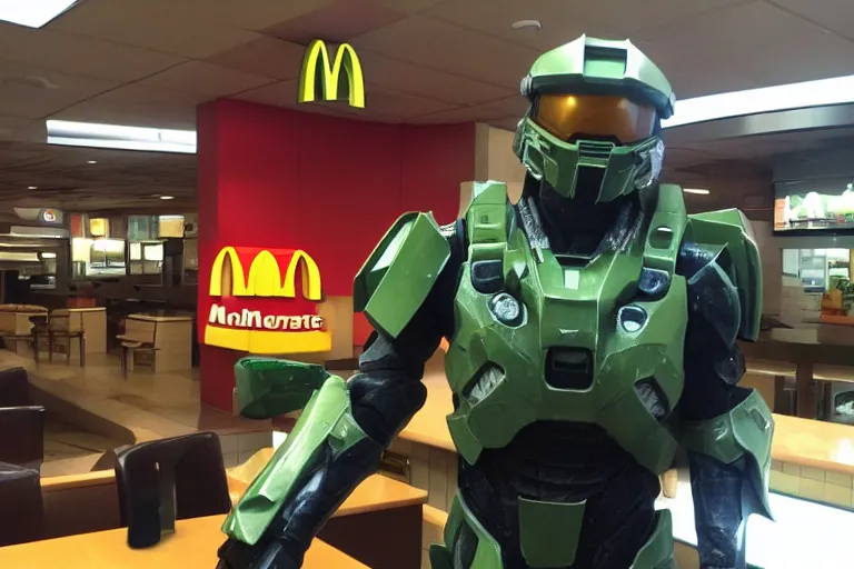 Image similar to master chief at mcdonalds