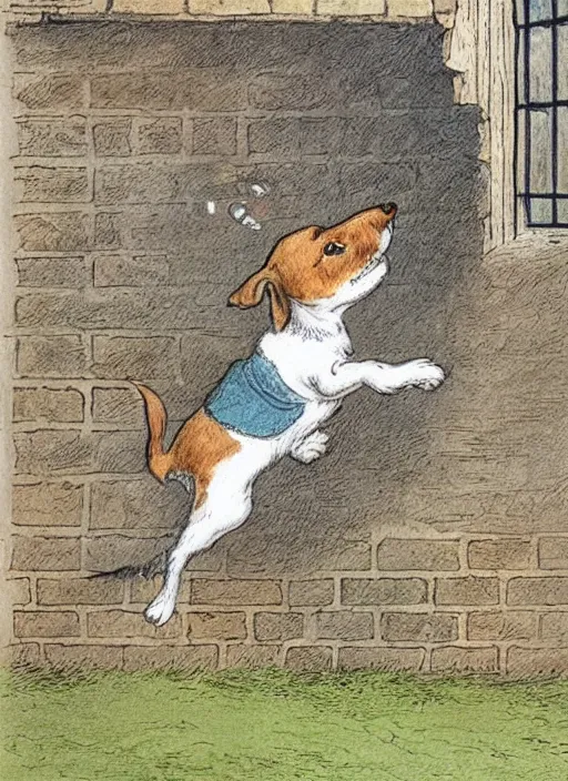 Prompt: jack russel terrier jumping from the ground over a brick wall, illustrated by peggy fortnum and beatrix potter and sir john tenniel