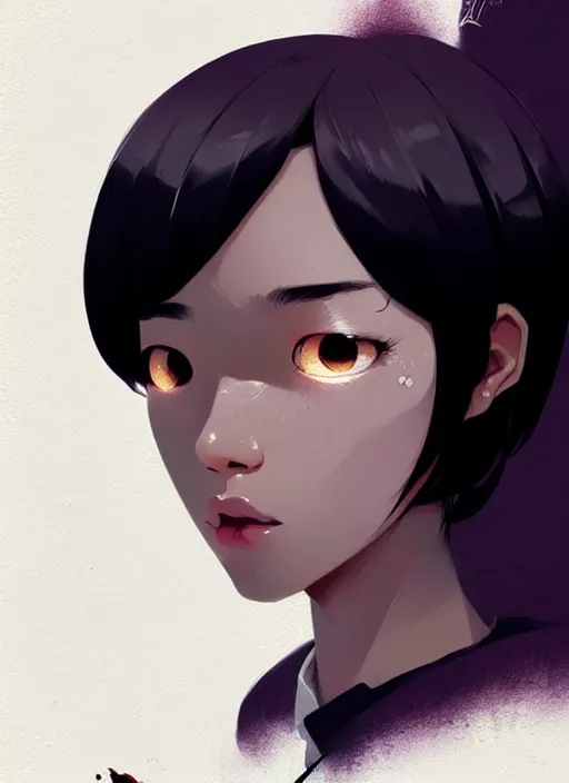 Prompt: highly detailed closeup portrait of cool black hair short, cinnamon skin teen, korean, black suit by atey ghailan, by greg rutkowski, by greg tocchini, by james gilleard, by joe fenton, by kaethe butcher, gradient dark purple, black and white color scheme, grunge aesthetic!!! ( ( graffiti tag wall background ) )