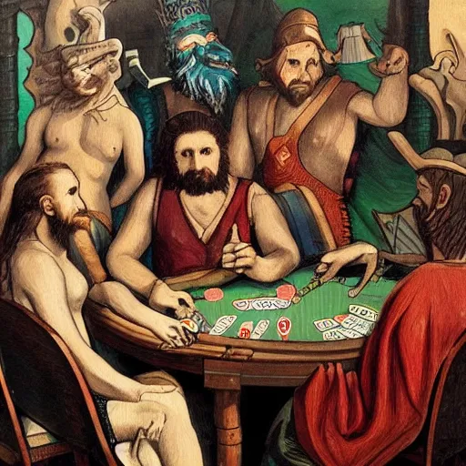 Prompt: Nordic Gods playing poker, detailed