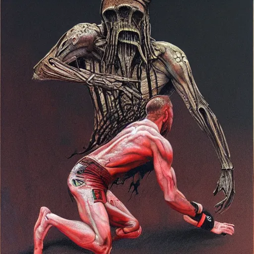 Prompt: tony ferguson knocked out illustrated by Wayne Barlowe, Zdzisław Beksiński, H. R. Giger, mma, mixed martial arts, mixed martial artists, UFC, Ultimate Fighting Championship, trending on artstation, detailed art, oil painting, C 10