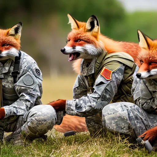 Image similar to a group of fox animals dressed in modern american military soldier uniforms, foxes laughing at a computer, 8 5 mm f / 1. 4