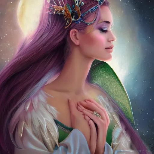 Image similar to detailed portrait of a fairy queen with wings wearing a silk robe and a cover for her face, crown, pixie, iris, realism, emerald, galaxy, sapphire,blonde hair going down to the floor, moonlit, dark fantasy, dramatic lighting, cgsociety, artstation