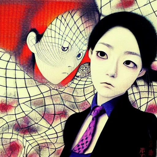 Image similar to yoshitaka amano blurred and dreamy realistic three quarter angle portrait of a young woman with short hair and black eyes wearing office suit with tie, junji ito abstract patterns in the background, satoshi kon anime, noisy film grain effect, highly detailed, renaissance oil painting, weird portrait angle, blurred lost edges