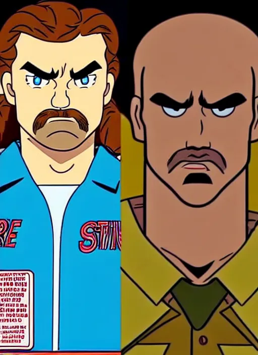 Image similar to still of jim hopper from stranger things : the animated series, cartoon screen capture ( 1 9 8 8 ), in the style of g. i. joe ( 1 9 8 3 ), transformers ( 1 9 8 4 ) and masters of the universe ( 1 9 8 3 )