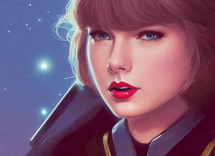 Image similar to a disney film still of taylor swift as a star trek officer, finely detailed features, closeup of the face, perfect art, dusk, blue hour, gapmoe yandere grimdark, trending on pixiv fanbox, painted by greg rutkowski, makoto shinkai, takashi takeuchi, alphonse mucha, akihiko yoshida