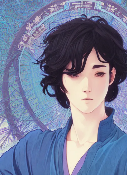 Prompt: handsome young man with short black hair, male, dressed in blue, half body shot, path traced, highly detailed, high quality, digital painting, by studio ghibli and alphonse mucha, leesha hannigan, hidari, art nouveau, chiho aoshima, posuka demizu, atey ghailan