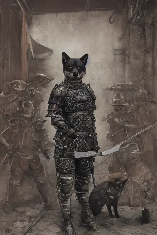 Image similar to a detailed matte portrait of an anthropomorphic shiba inu in steel plate armor, shiba inu face, very large longsword leaning against the side of a tavern, city streets, masterpiece, 8 k, art by donato giancola and greg rutkowski and wayne barlow and zdzisław beksinski