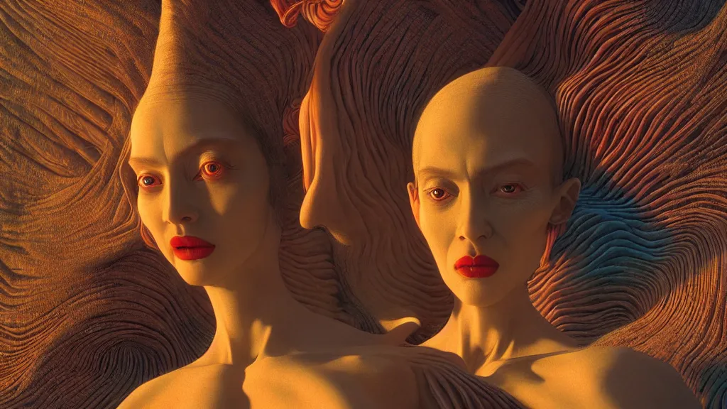 Prompt: vibrant aesthetic highly detailed photography of characters in dali scene, characters with hyperrealistic highly detailed faces. from dune ( 2 0 2 1 ) by alejandro hodorovski and denis villeneuve and gregory crewdson style with many details by mike winkelmann and vincent di fate in sci - fi style. volumetric natural light hyperrealism photo on dsmc 3 system