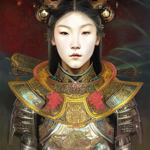 Image similar to beautiful and divine and holy and elite and colorlpunk young three kingdom chinese female armor knight portrait +shinnyy eyes+front face with light flowing hair, ultradetail face, art and illustration by tian zi and craig mullins and WLOP and alphonse mucha, fantasy, intricate complexity, human structure, human anatomy, fantasy character concept, watermark, blurry, hyperrealism 8k