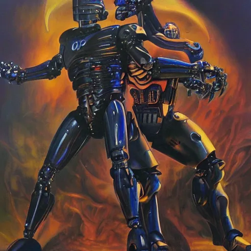 Image similar to robocop fighting demons in the underworld by jeff smith and julie bell, oil painting