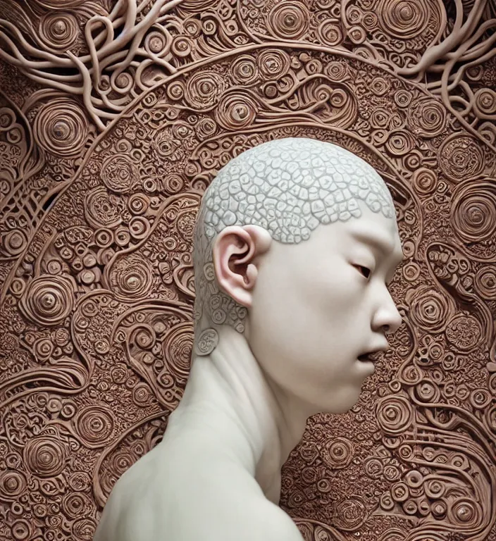 Prompt: Monster, A Close up photo-real delicate ceramic porcelain sculpture of a symmetrical ornate detailed in front of an intricate background by Victo Ngai and takato yamamoto, micro detail, backlit lighting, face in focus, subsurface scattering, translucent, thin porcelain, octane renderer, colorful, physically based rendering, japanese pottery, trending on cgsociety