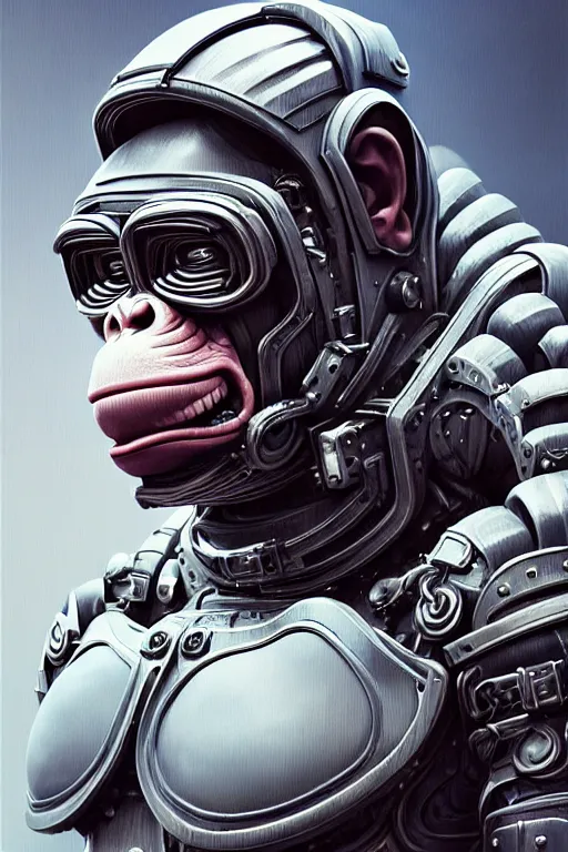 Image similar to a portrait of a muscular anthropomorphic cyberpunk chimp in spacesuit armor with ensignia on chest plate by sandra chevrier, by jon foster, detailed render, post - processing, extremely hyperdetailed, intricate, epic composition, cybernetics, 4 k realistic, cryengine, realistic shaded lighting, sharp focus, masterpiece, by enki bilal