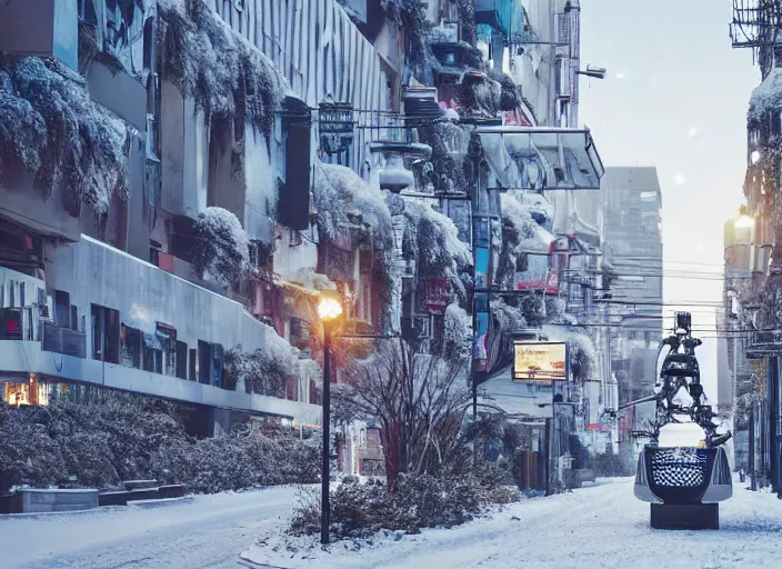 Image similar to a city street covered with snow, winter, dusk, futuristic city, robots populate the street, futuristic cars, extremely detailed, sharp focus, rule of thirds, award winning photography.