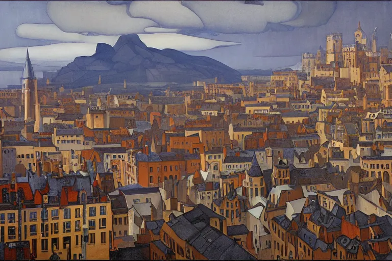 Image similar to view of the old grey city and its winding streets still wet after a storm, tall windows lit up, beautiful ornamental architecture, dramatic cinematic lighting, rich colors, by Nicholas Roerich and William Dyce and ford madox brown and April Gornik and Sylvain Sarrailh and Ludwig Deutsch and Diego Rivera, featured on artstation